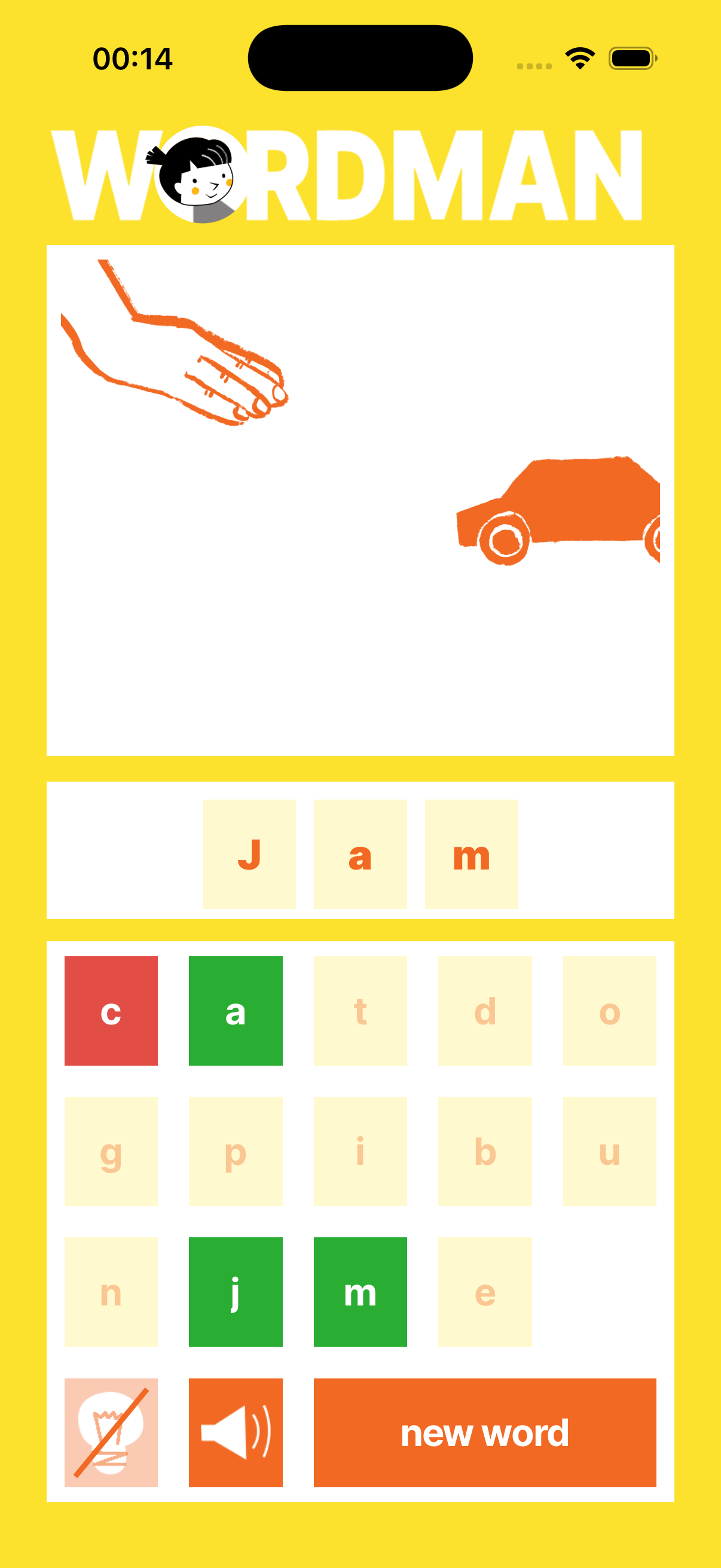 Wordman screen showing a solved word and completed character