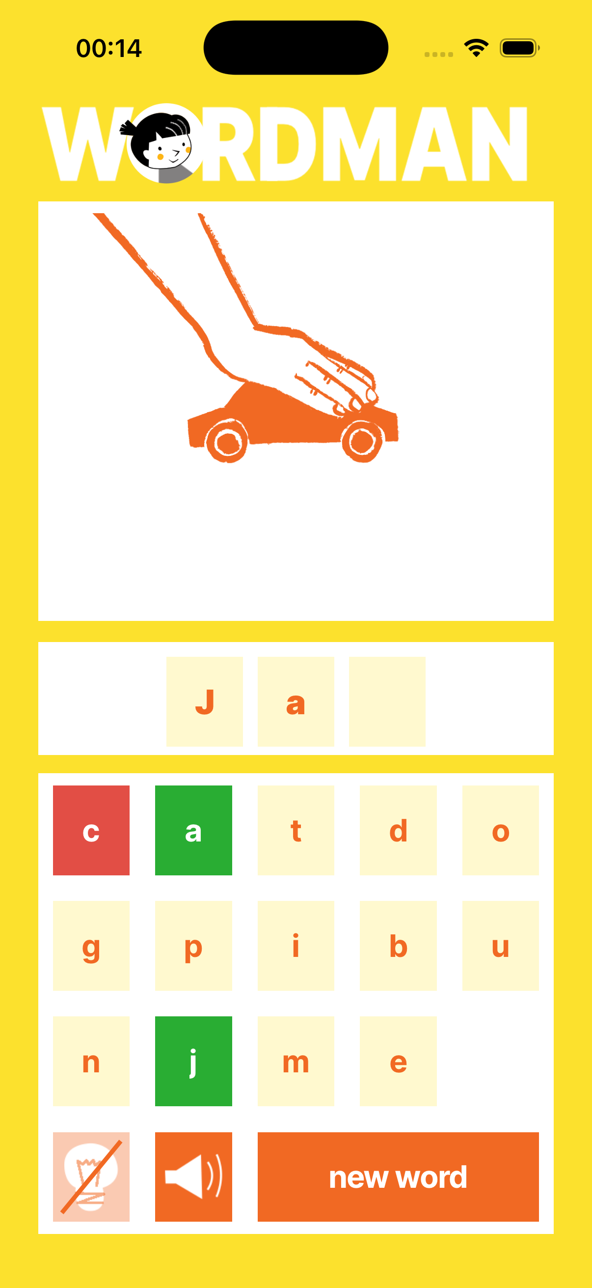Wordman game showing letters selected to build a word