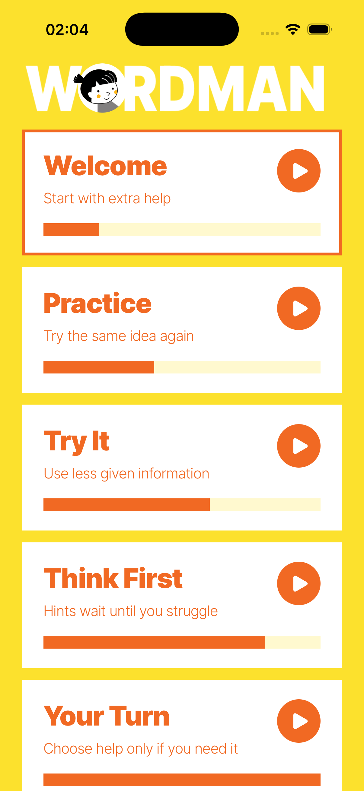 Guided play level selection in Wordman