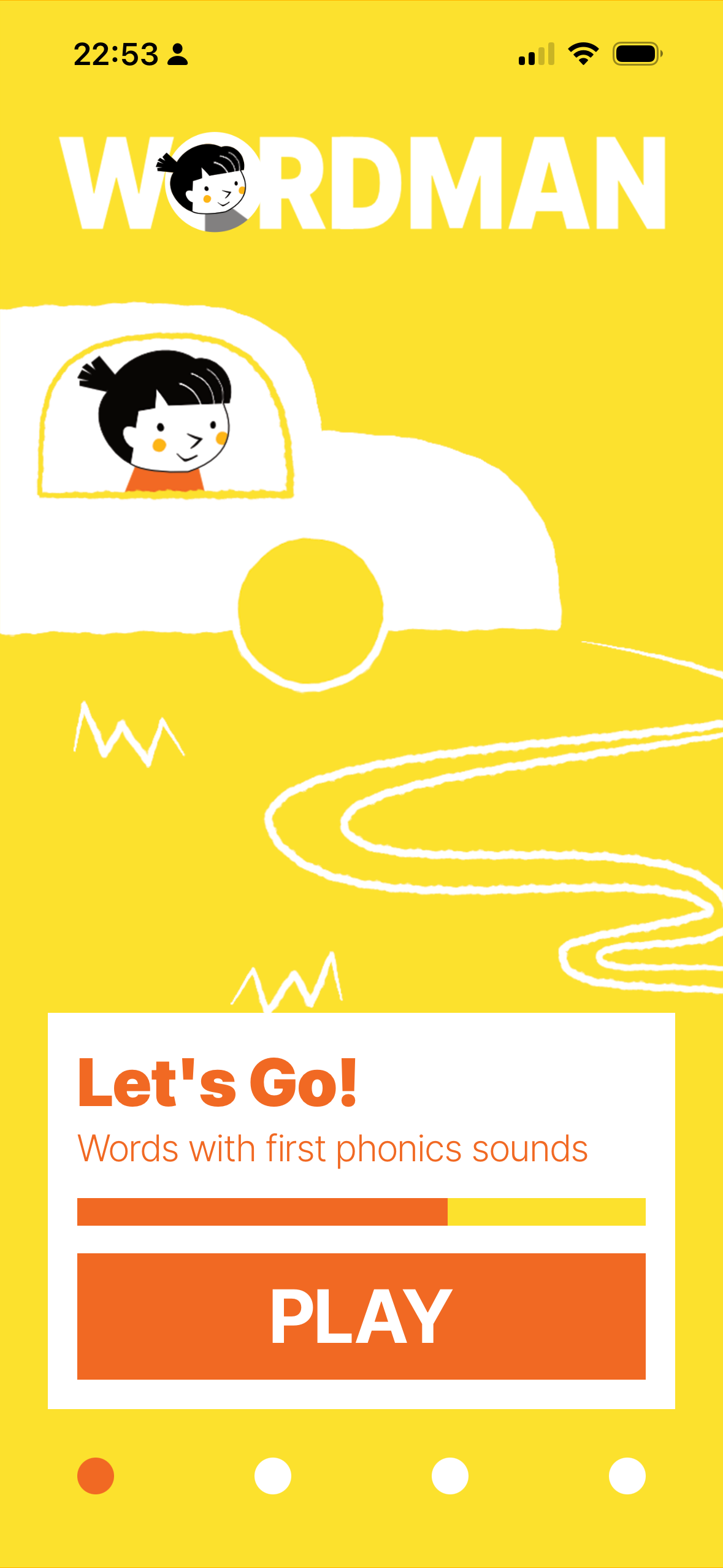 Wordman welcome screen with a Let's Go play card